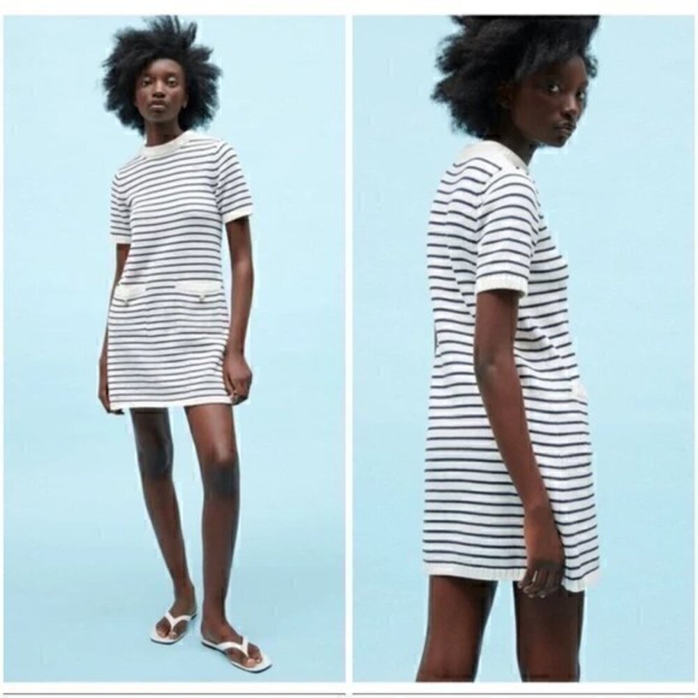 Zara White and Black Striped Knit Sweater Dress Size S NWOT